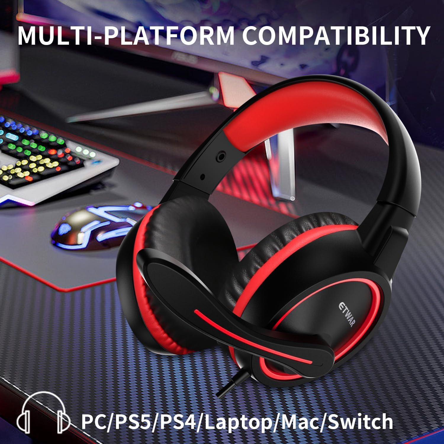 Auriculares Gaming ETWAR B3 Rojo con Micrófono y Aislamiento de Ruido