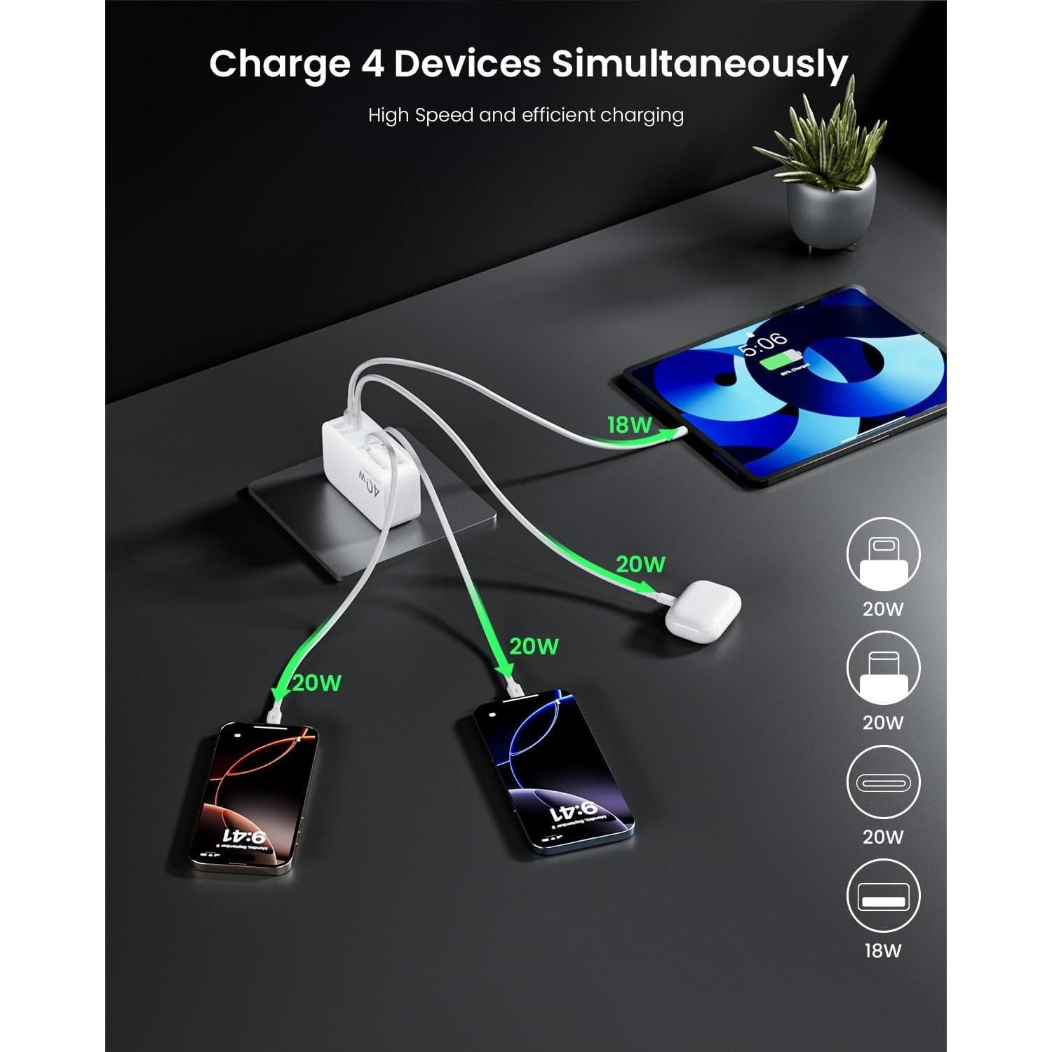 Cargador de pared retráctil DreamBee 40W 4-en-1 con cables