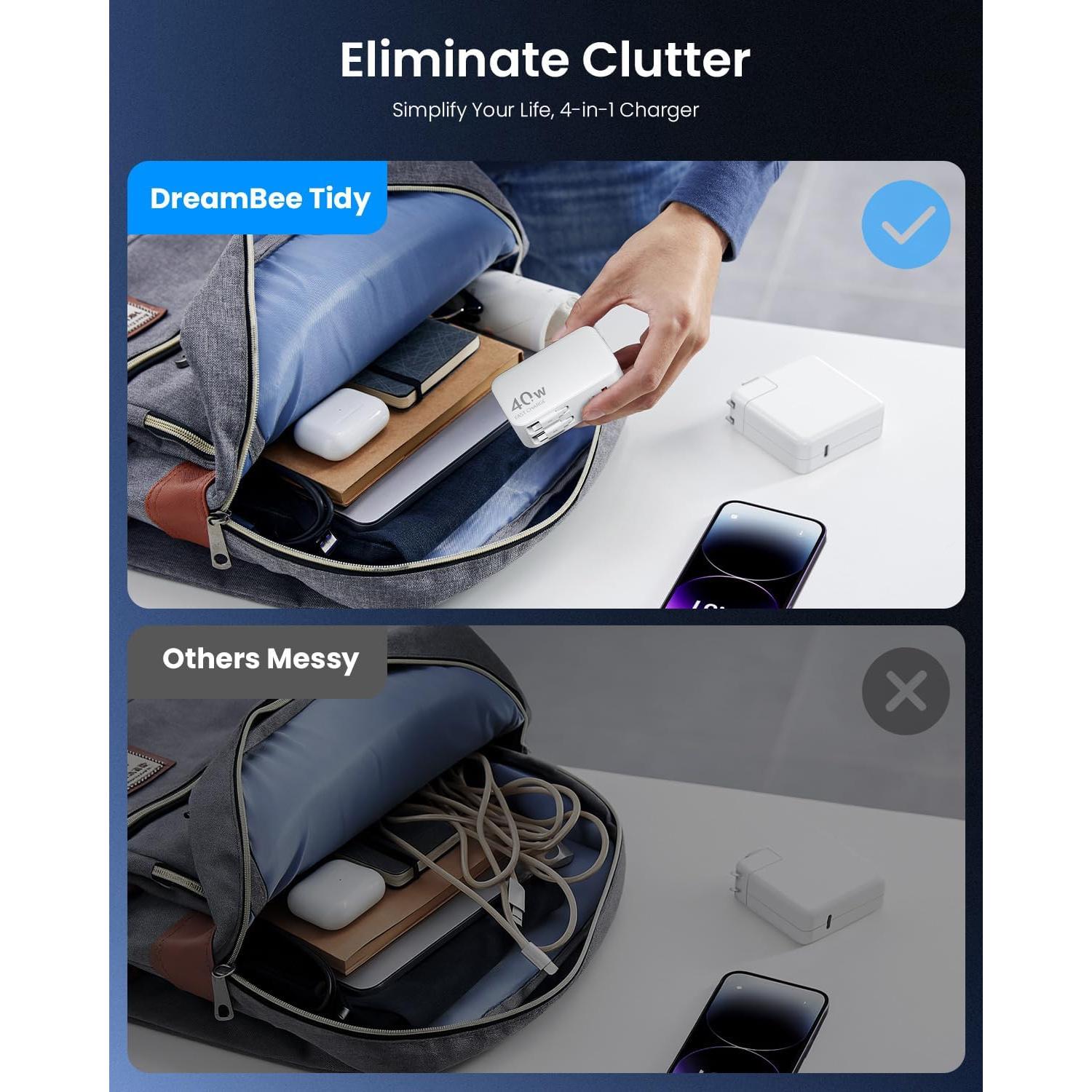 Cargador de pared retráctil DreamBee 40W 4-en-1 con cables