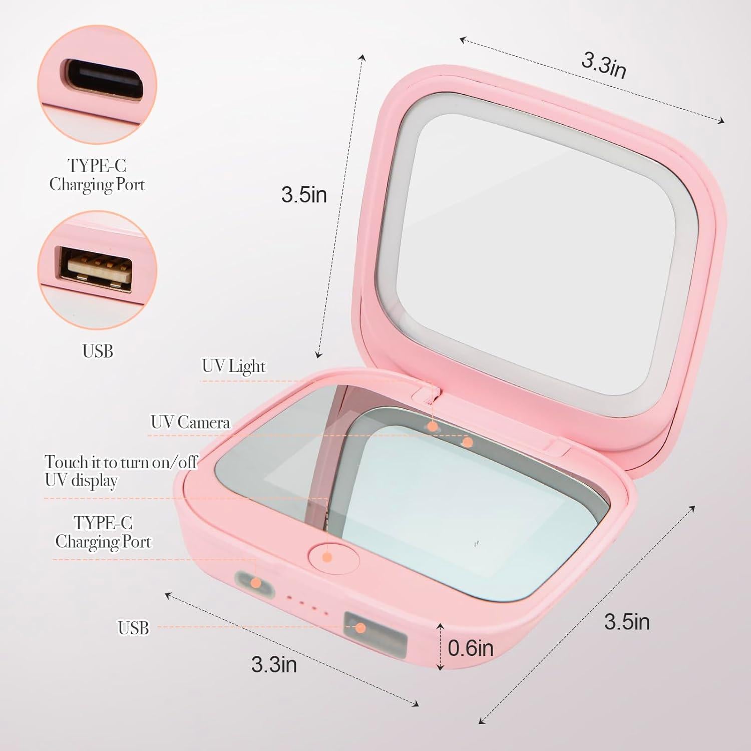 Espejo UV HiPai Doble Cara 3.5" Rosa con Luz LED y Aumento 2x