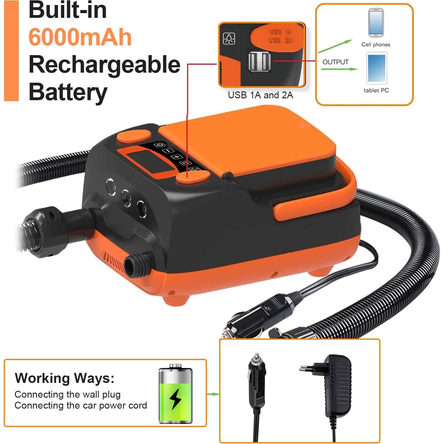 Bomba de Aire Eléctrica Recargable Tuomico 16PSI 12V para Paddle