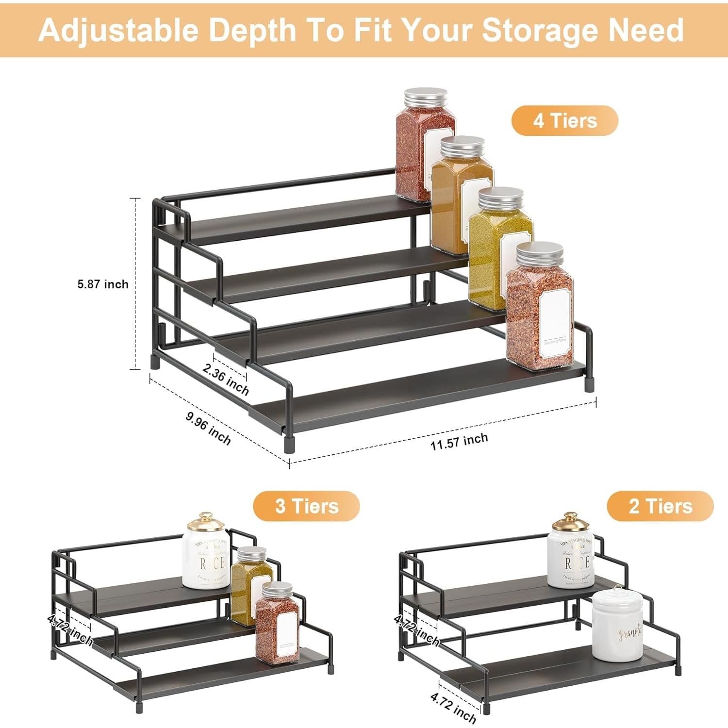 Organizador de Especias RUILALIFE 4 Niveles Ajustable Metal Negro