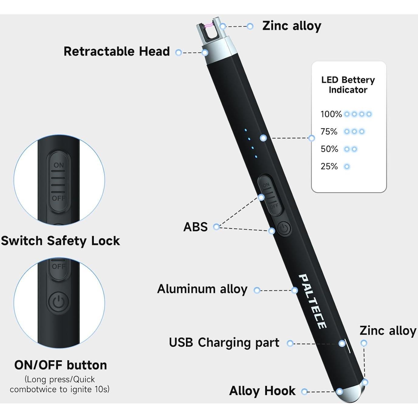 Encendedor Eléctrico Recargable PALTECE AZ-CL-02 Negro