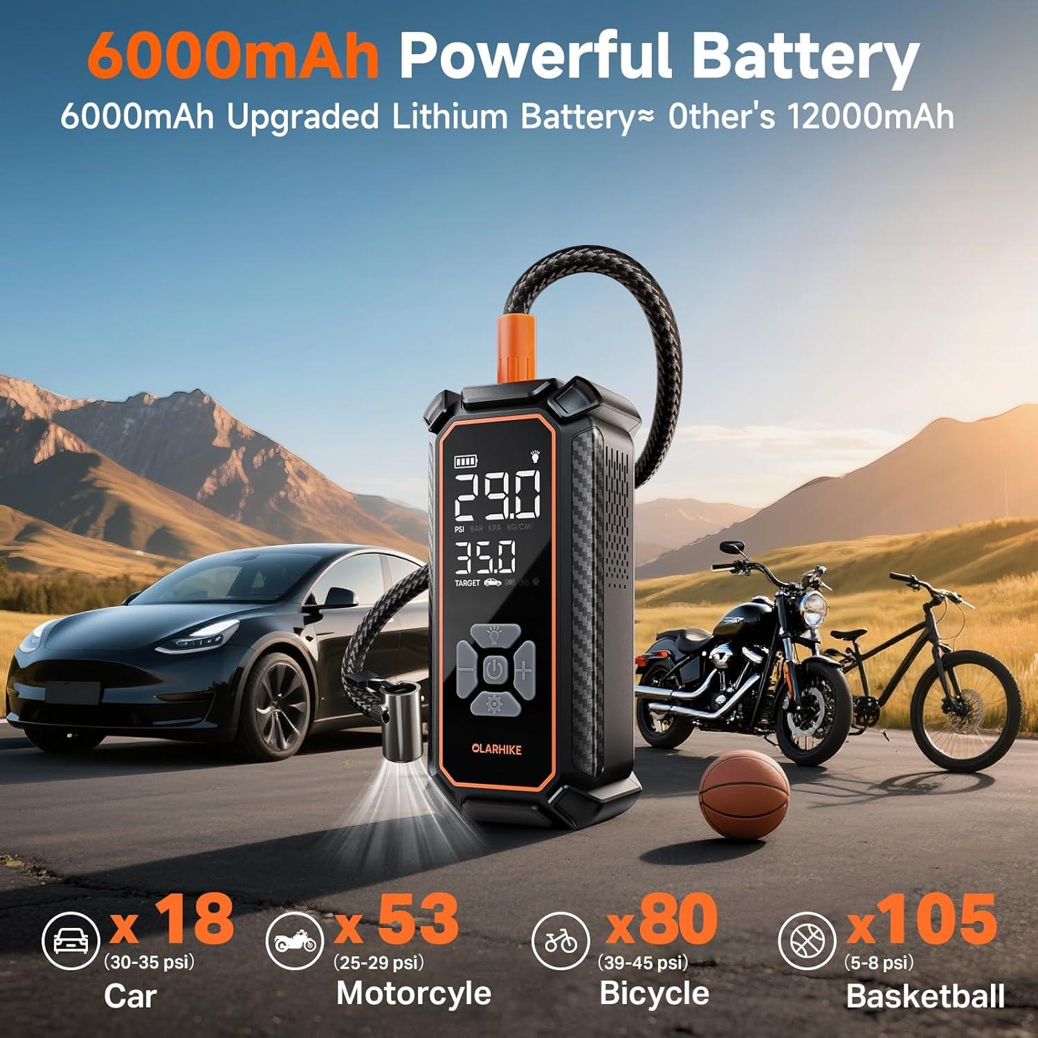 Compresor de Aire Portátil OlarHike 6000mAh, Inflación Rápida