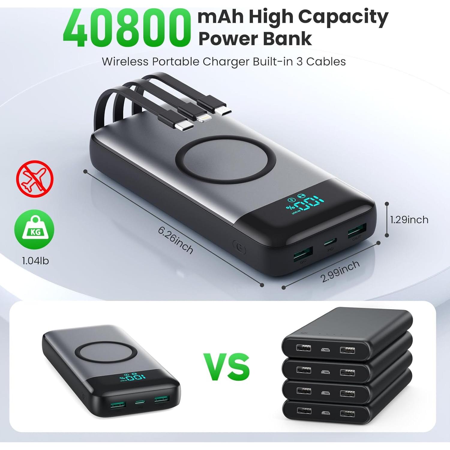 Cargador Portátil Inalámbrico YHO 40800mAh 25W con 3 Cables