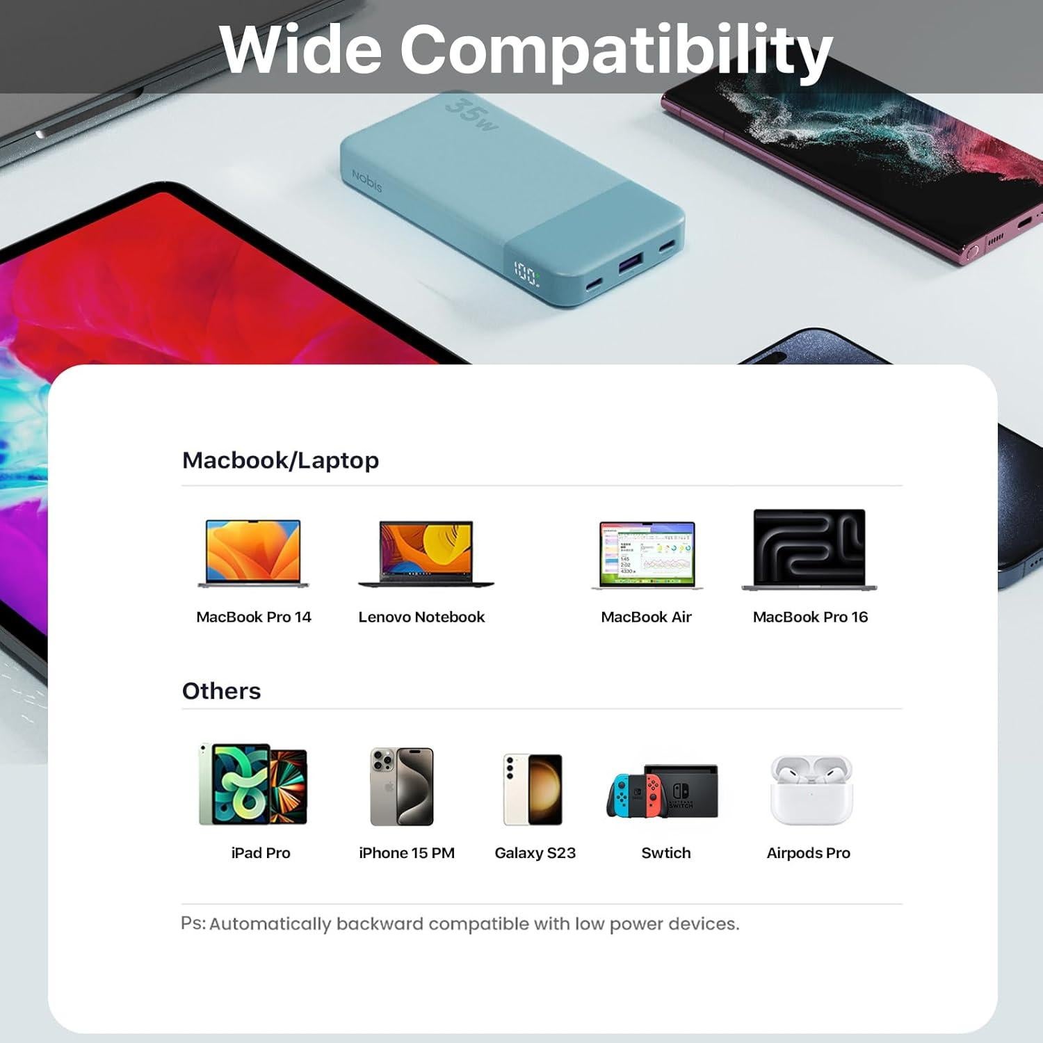 Cargador Portátil NOBIS 10000mAh Carga Rápida 35W Pantalla Digital