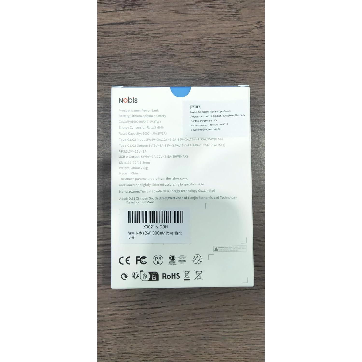 Cargador Portátil NOBIS 10000mAh Carga Rápida 35W Pantalla Digital