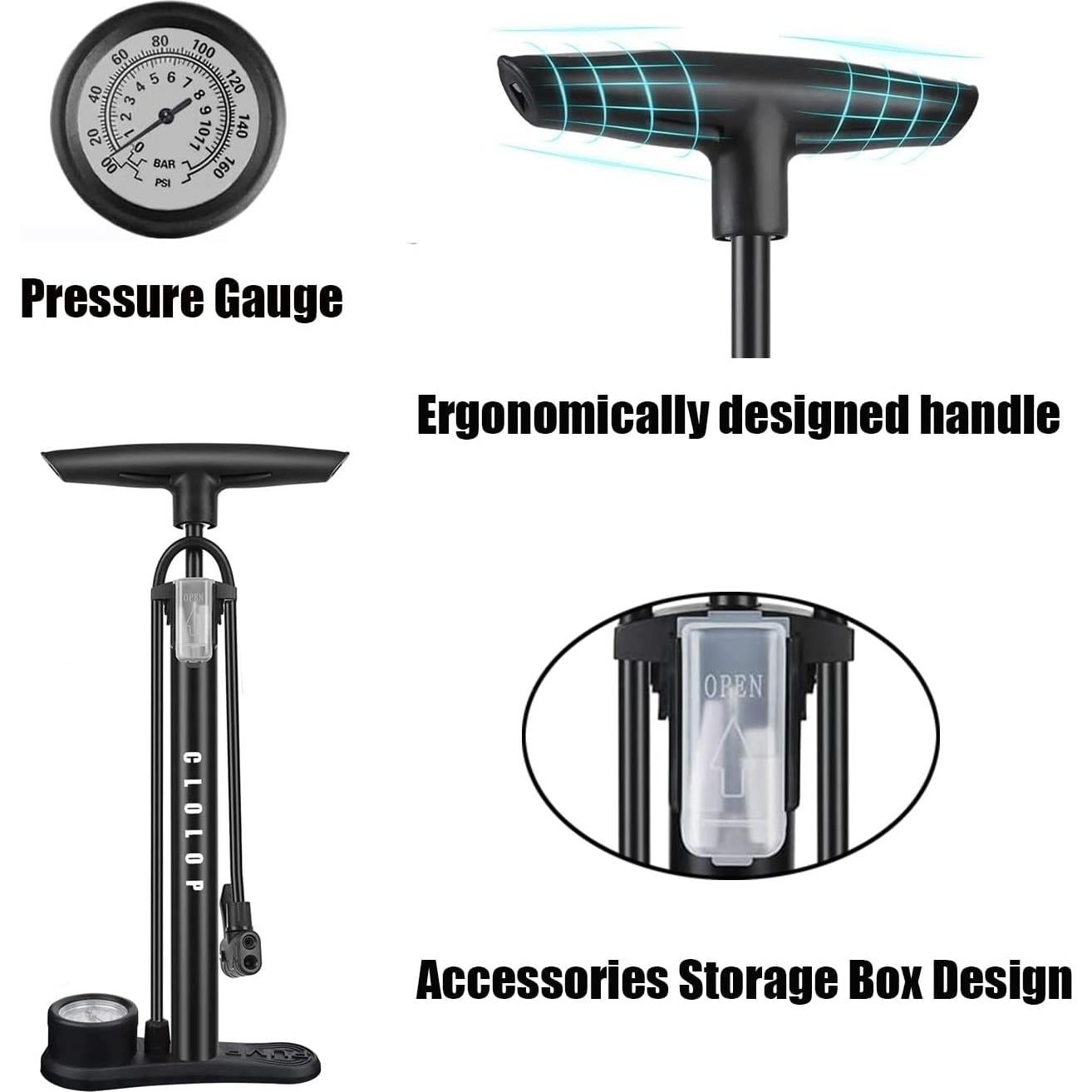 Bomba de Pie CLOLOP con Manómetro para Bicicleta y Pelotas