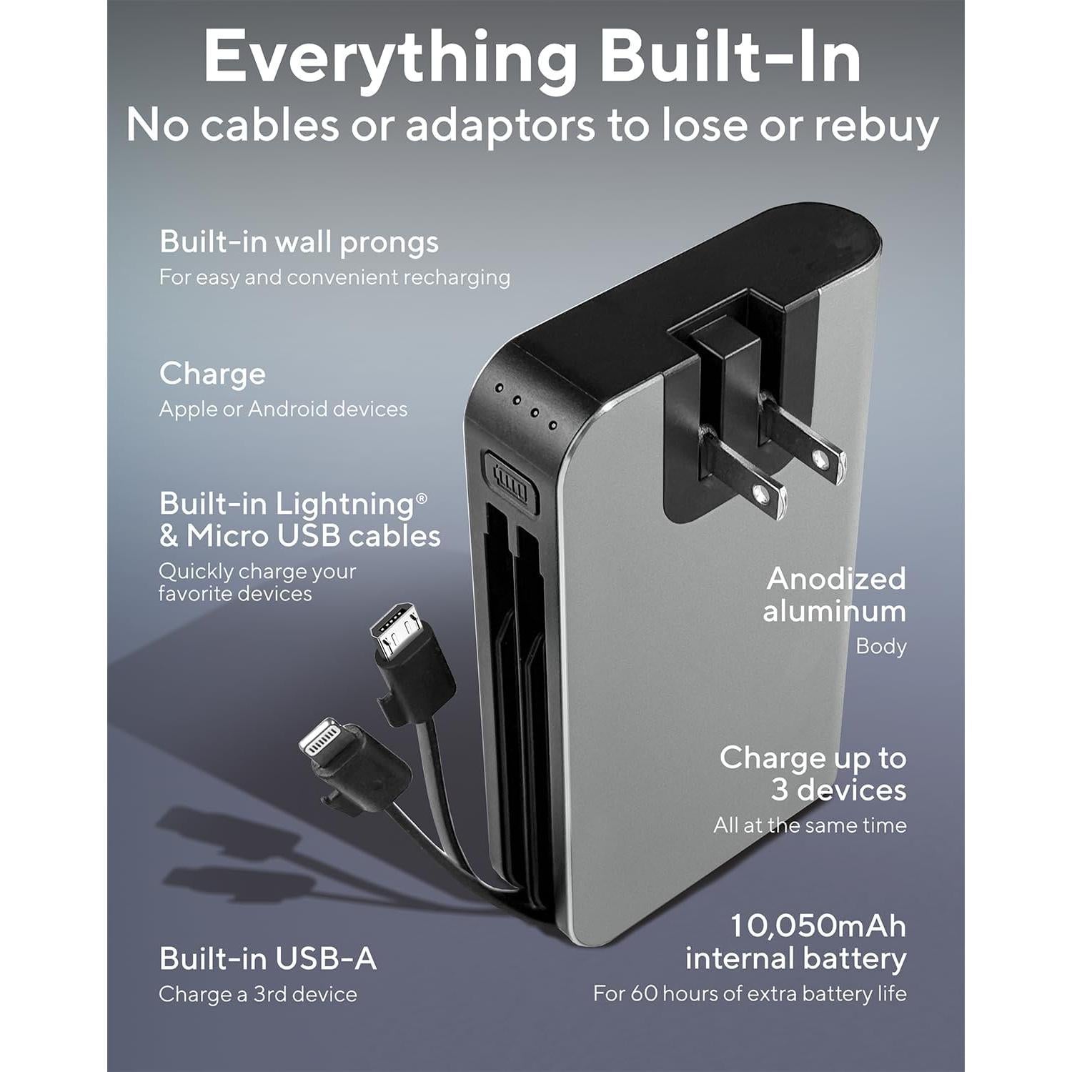 myCharge Portable Charger with Wall Plug – 10050mAh Fast Charging – Power Bank for iPhone, Samsung, Android & More - External Battery Pack Portable Charger with Built-in Cables (Lightning + Micro USB)