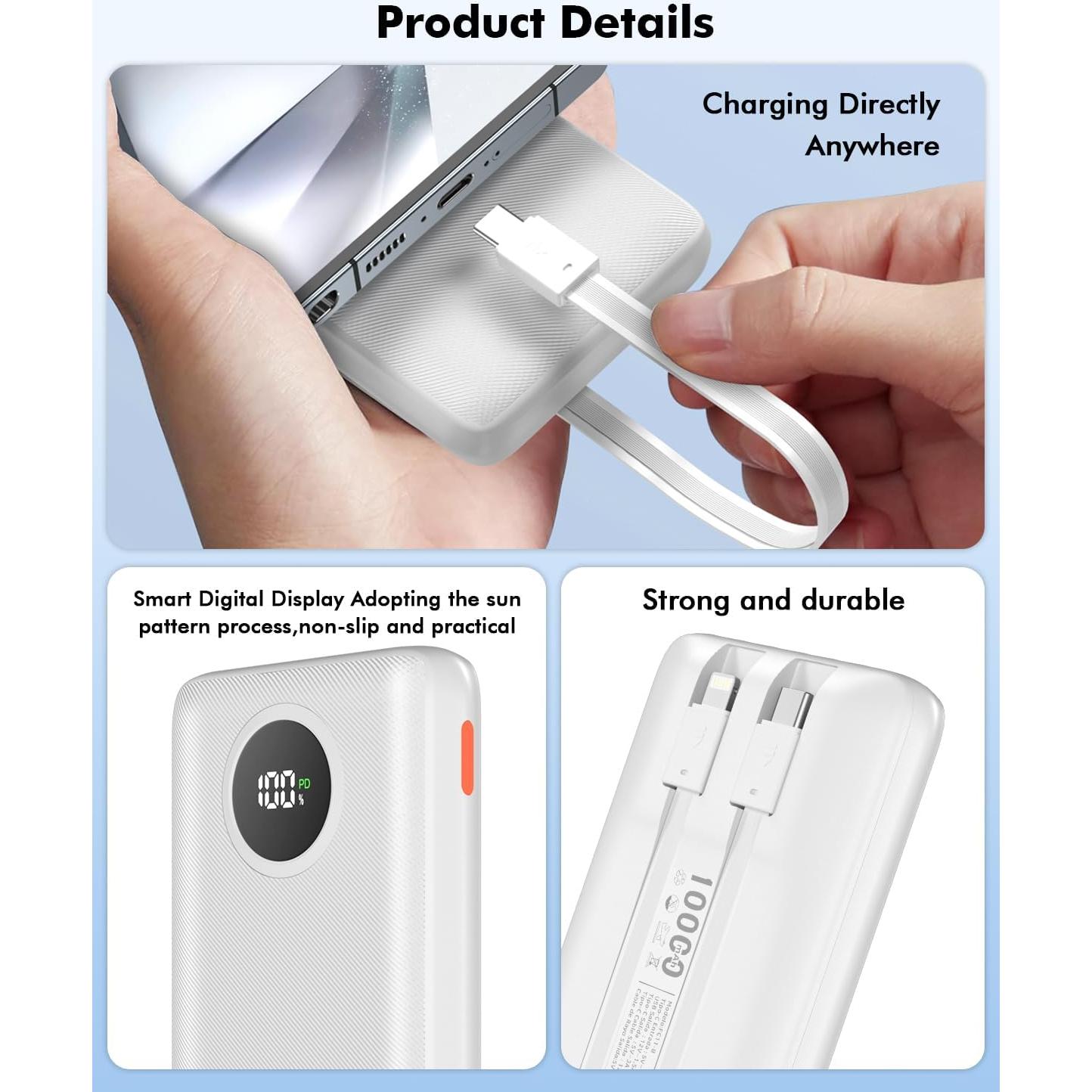 Cargador Portátil 10000mAh 22.5W PD con Cables Integrados