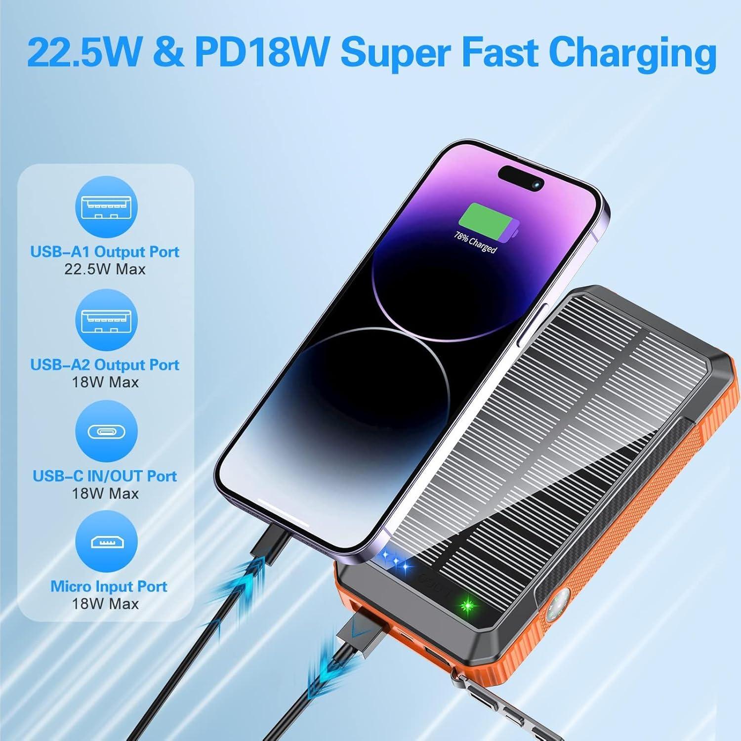 Cargador Solar Inalámbrico Power Bank 52800mAh 22.5W Naranja