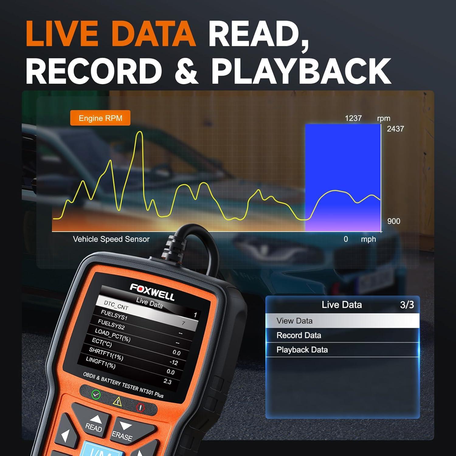 Escáner OBD2 y Probador de Batería FOXWELL NT301 Plus 12V