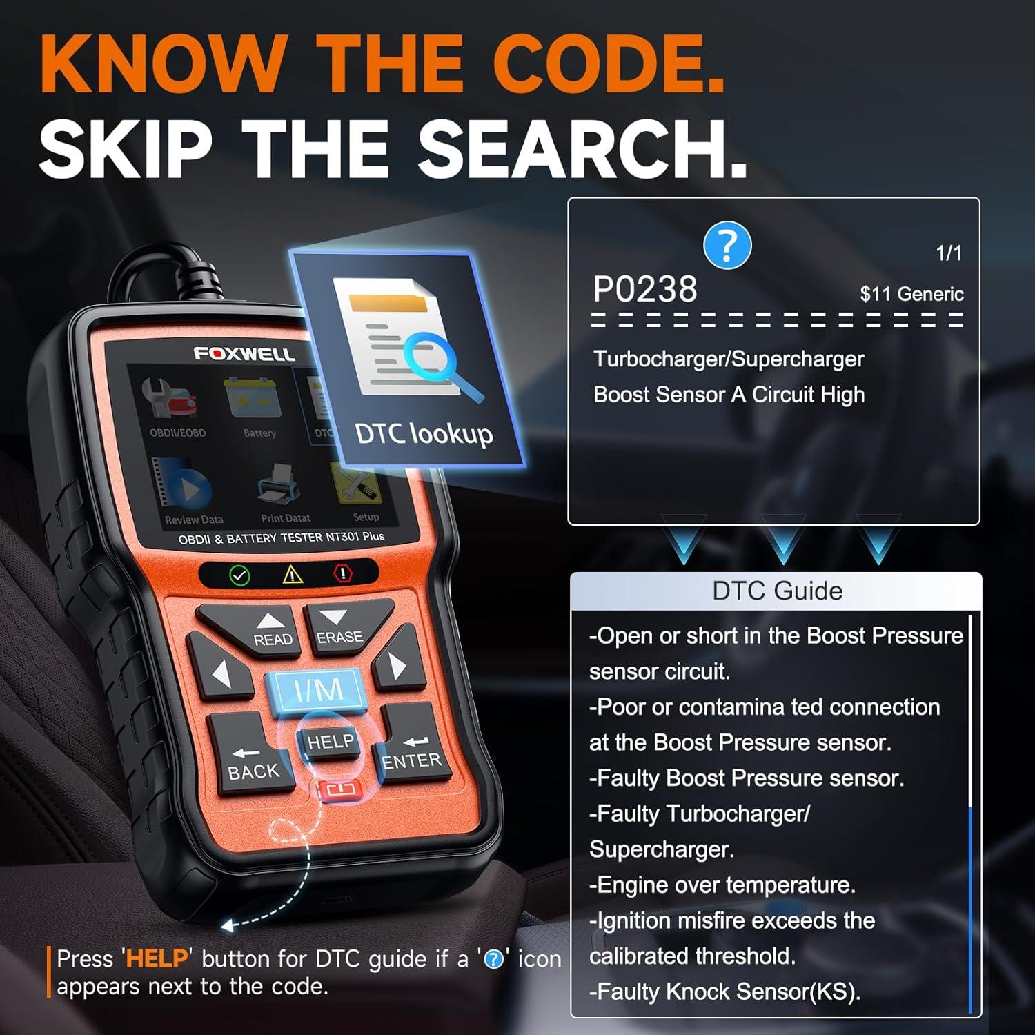 Escáner OBD2 y Probador de Batería FOXWELL NT301 Plus 12V