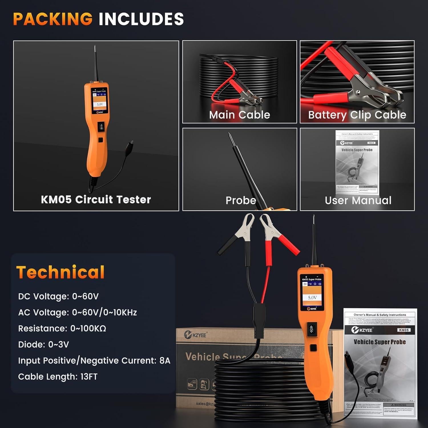 KZYEE KM05 Power Circuit Probe Tester – 12V/24V Automotive Electrical Tester for AC/DC Voltage, Continuity, Resistance, Diode, Relay Test, Component Activation & Shorts Detection, Current Probe Kit