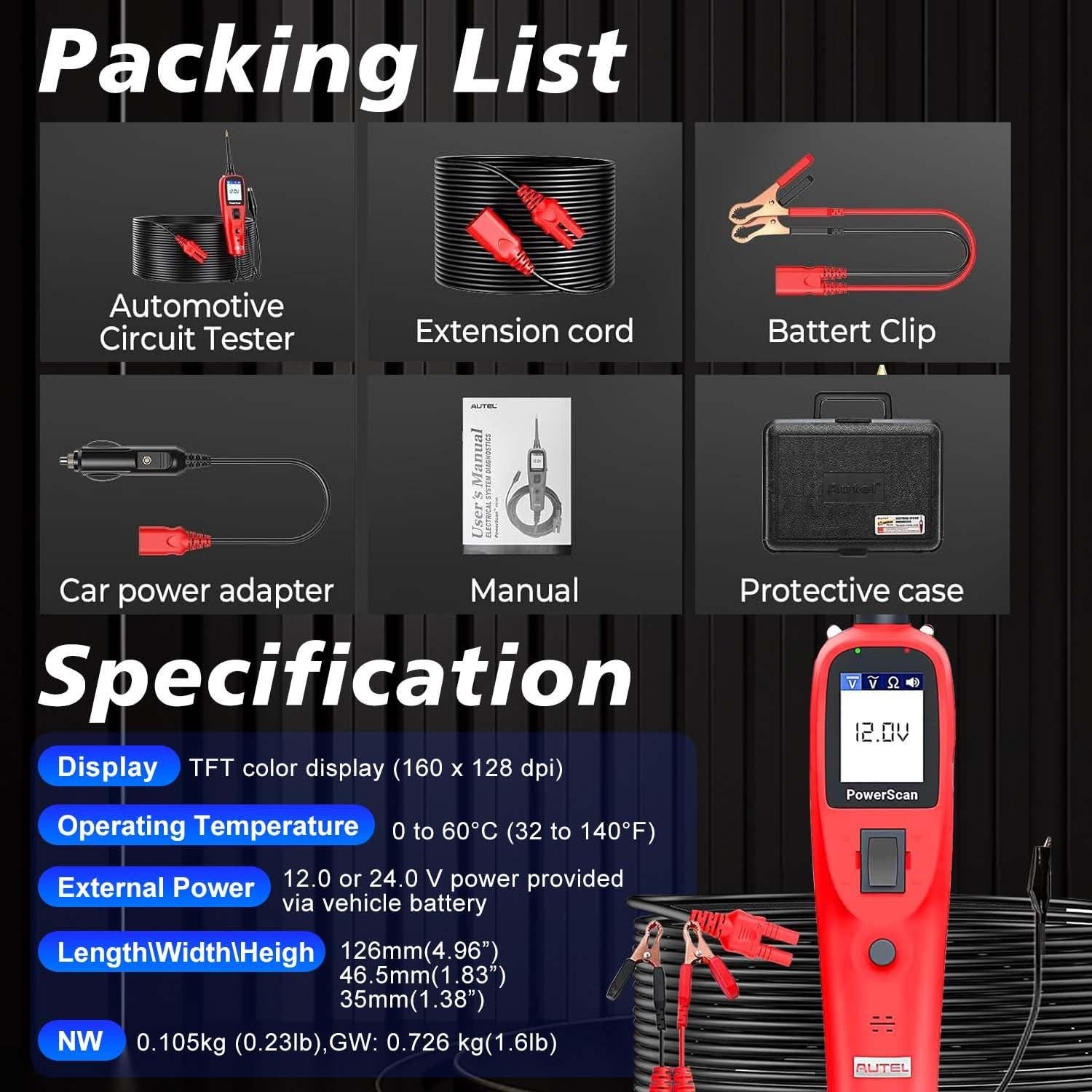 Autel PowerScan PS100 Probador de Circuitos 12V/24V con Cable 6.1m