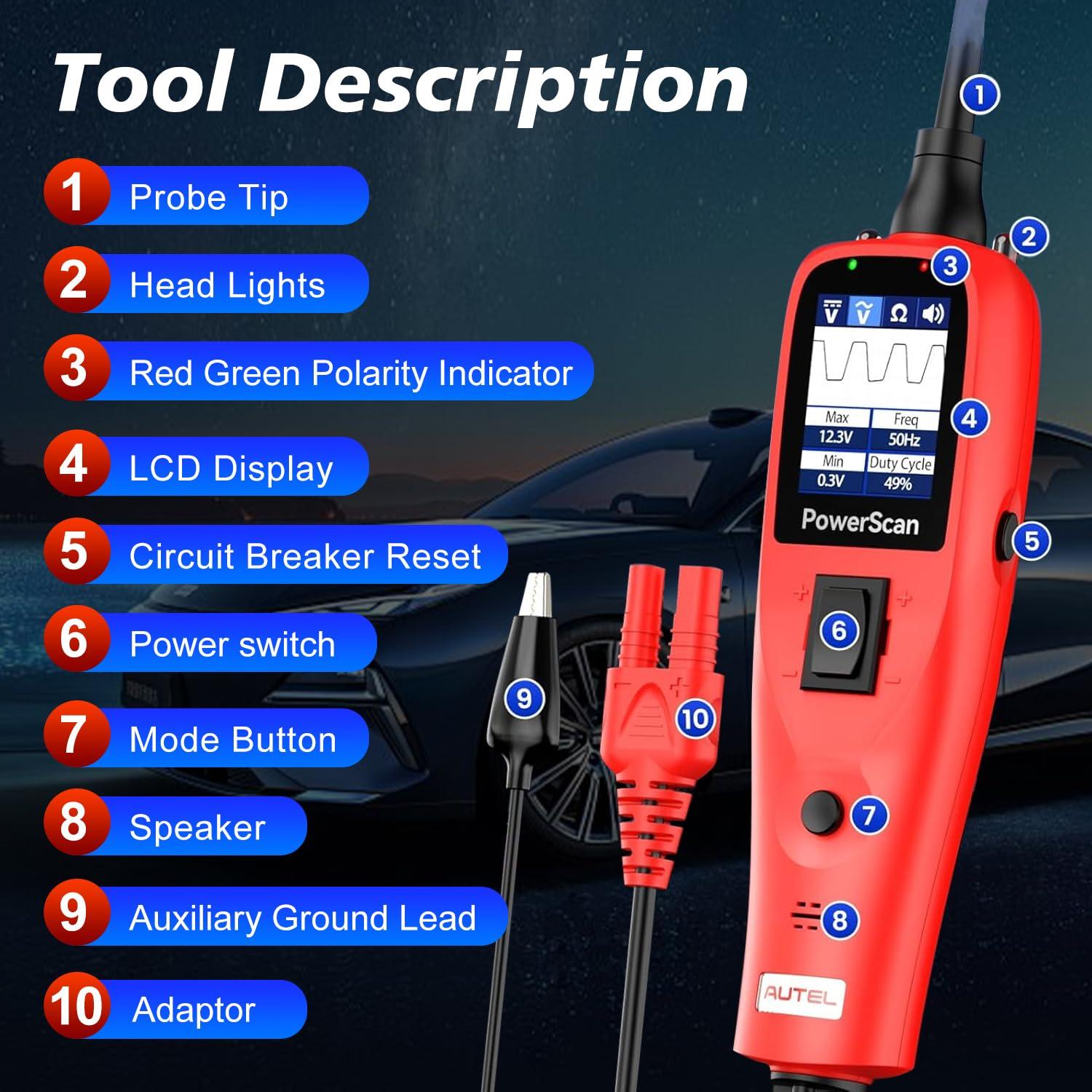 Autel PowerScan PS100 Probador de Circuitos 12V/24V con Cable 6.1m