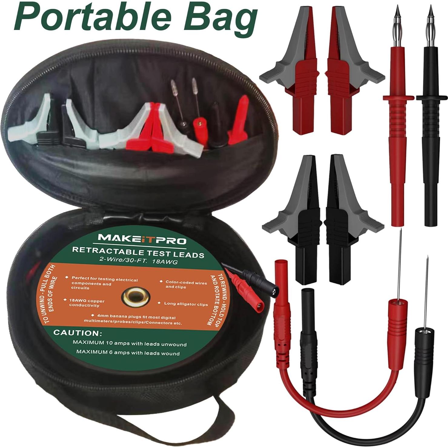 Cables de Prueba Retráctiles 2 Cables 18AWG 9m Kit Multímetro