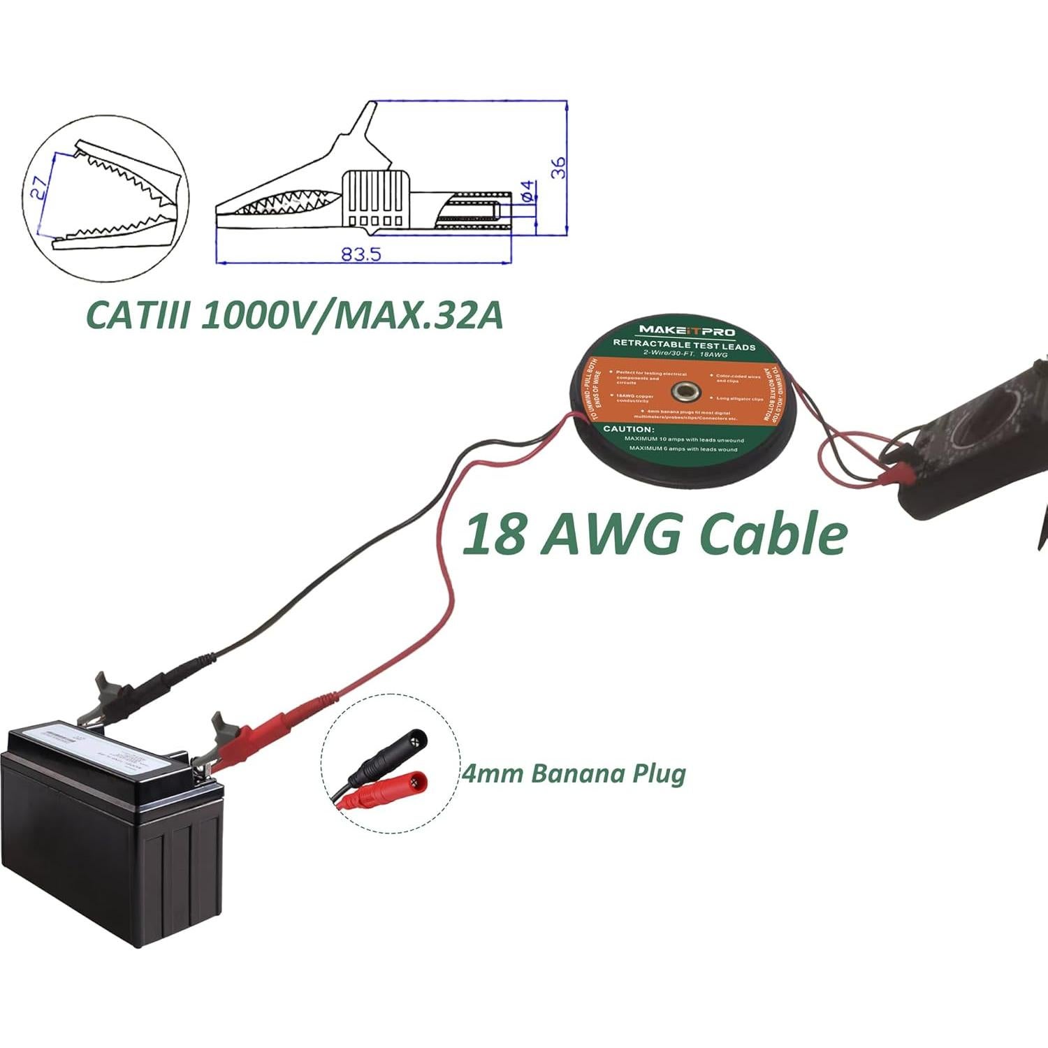Cables de Prueba Retráctiles 2 Cables 18AWG 9m Kit Multímetro