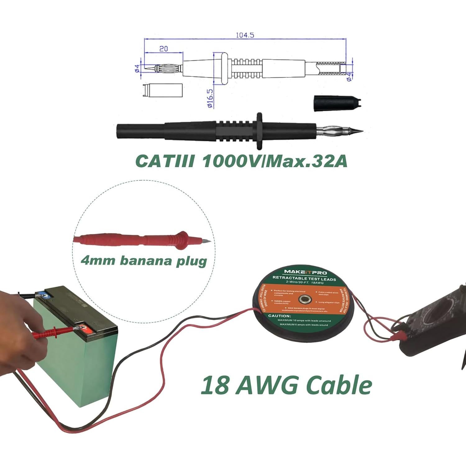 Cables de Prueba Retráctiles 2 Cables 18AWG 9m Kit Multímetro
