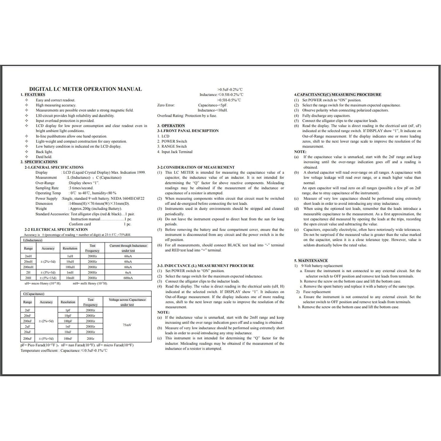 Medidor Digital de Inductancia Honeytek HK-A6243L 9V LCD