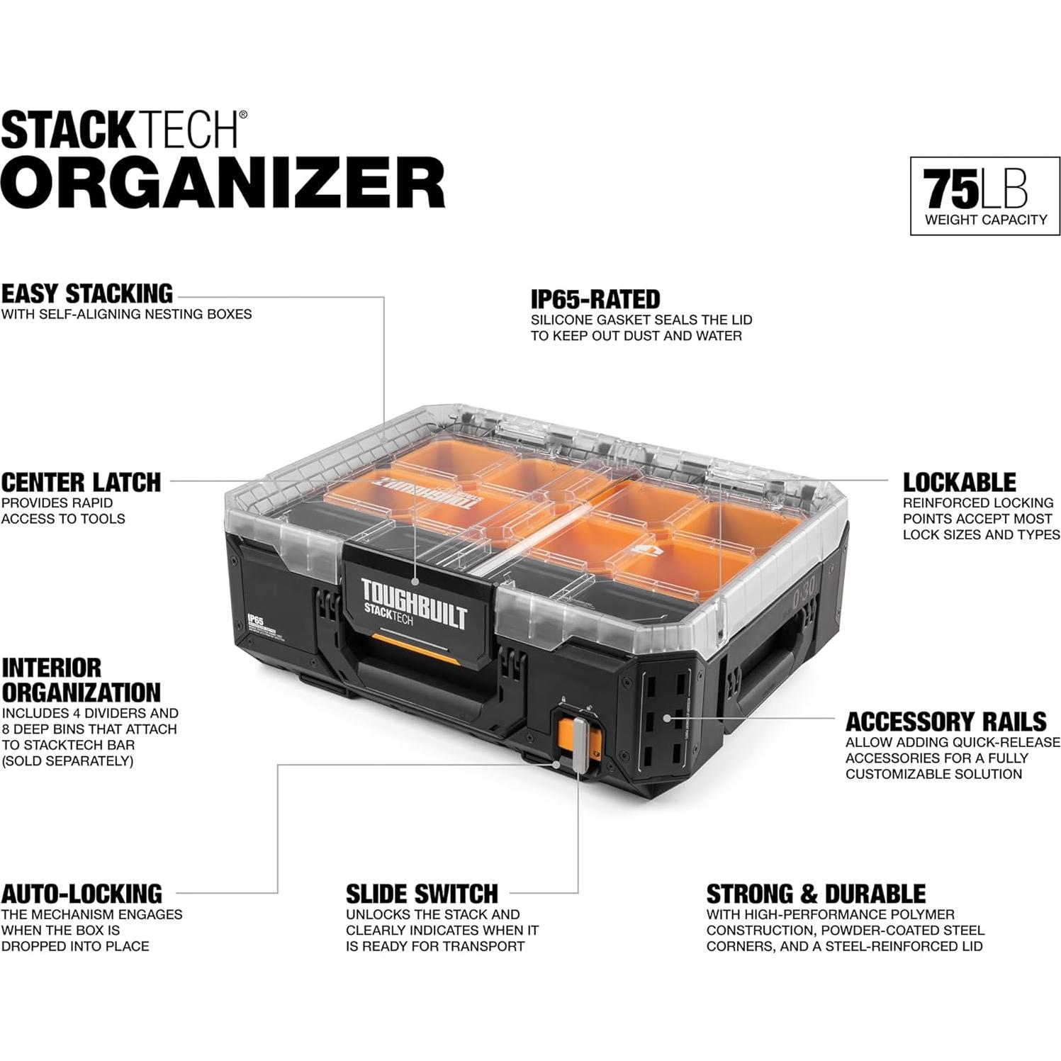 Organizador de Herramientas ToughBuilt TB-B1-O-30, Caja Apilable Negra