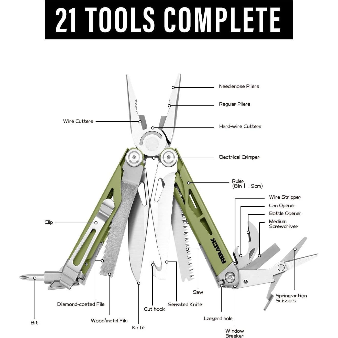 Multiherramienta RBLACK 21 en 1 Acero Inoxidable Verde Oliva