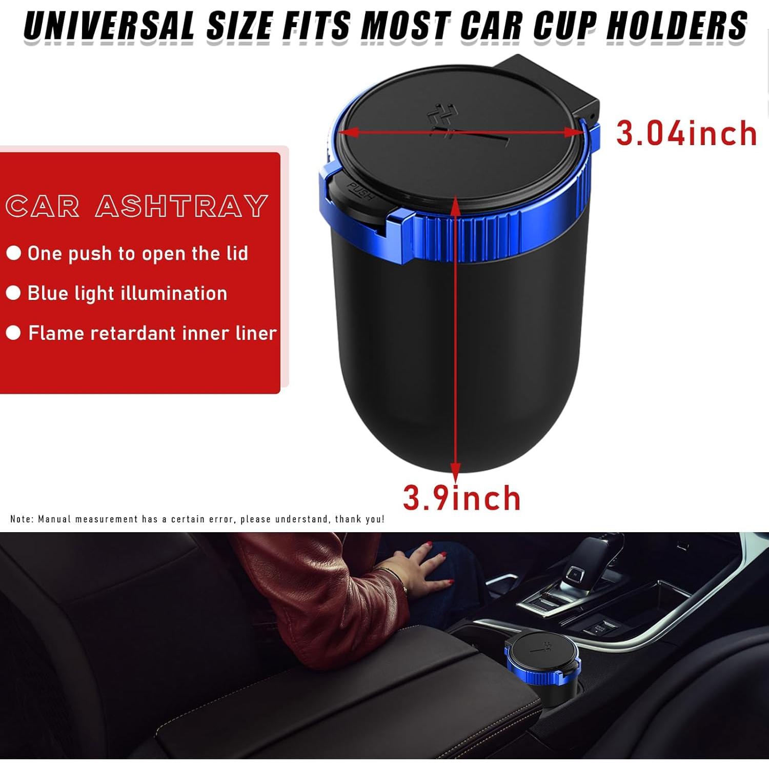 Cenicero de coche Dickno con tapa y luz LED azul, 7.7 cm