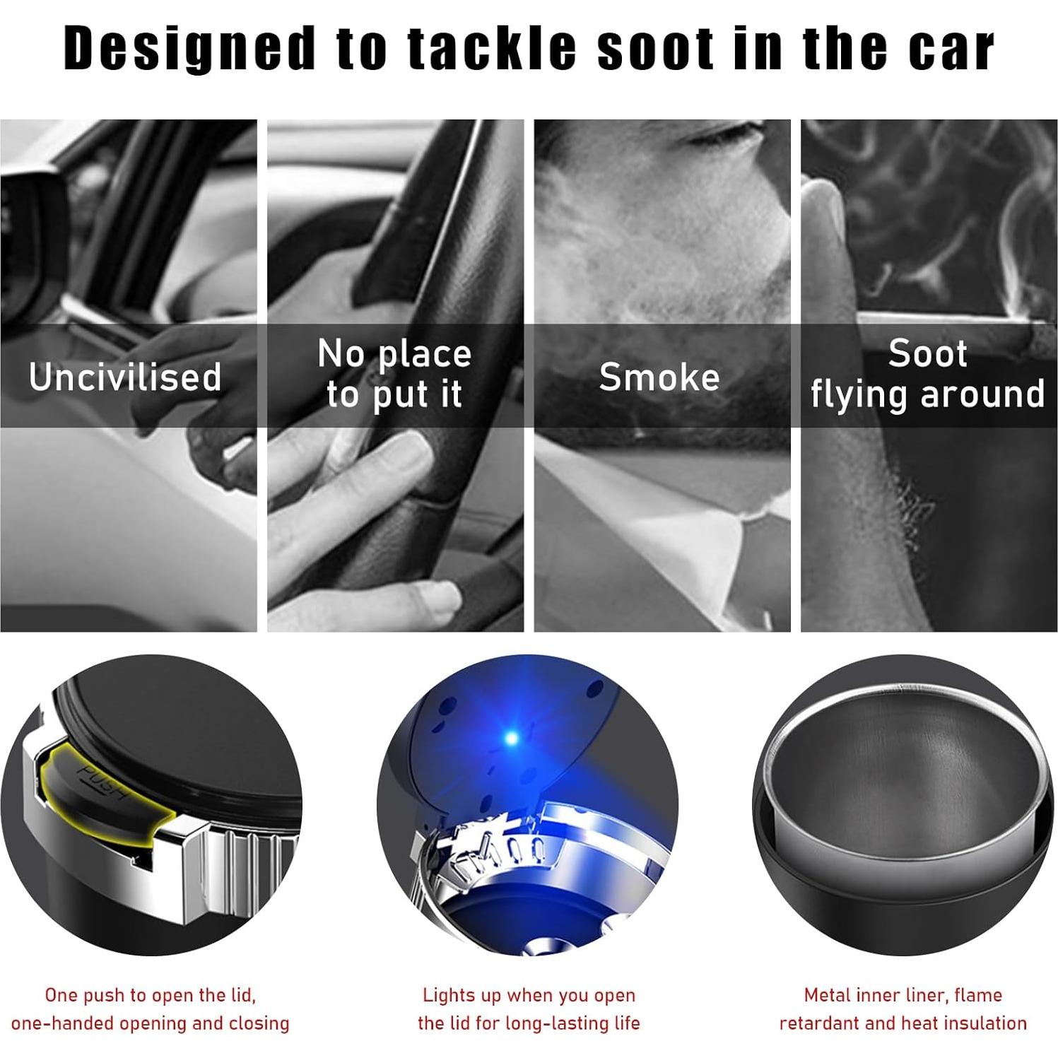 Cenicero de coche Dickno con tapa y luz LED azul, 7.7 cm