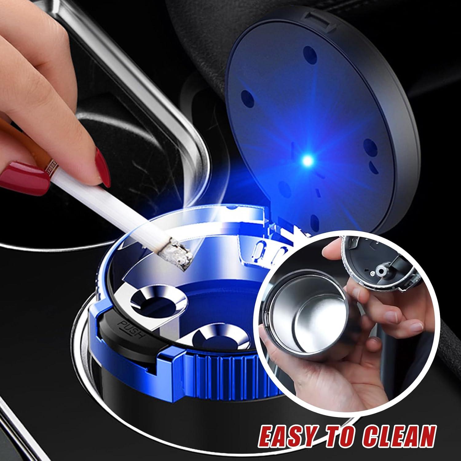 Cenicero de coche Dickno con tapa y luz LED azul, 7.7 cm