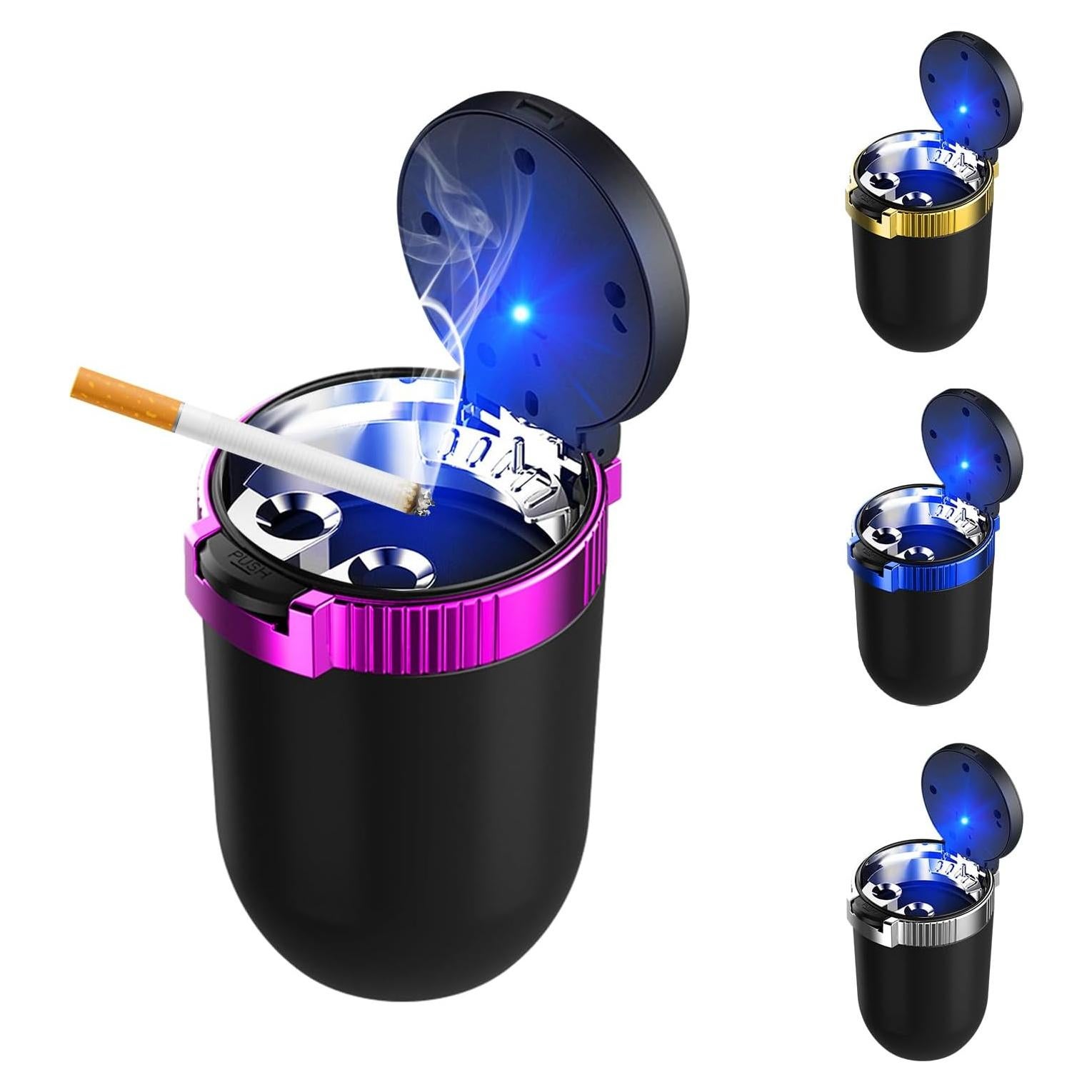 Cenicero de coche KVAEY con tapa y luz LED azul - Púrpura