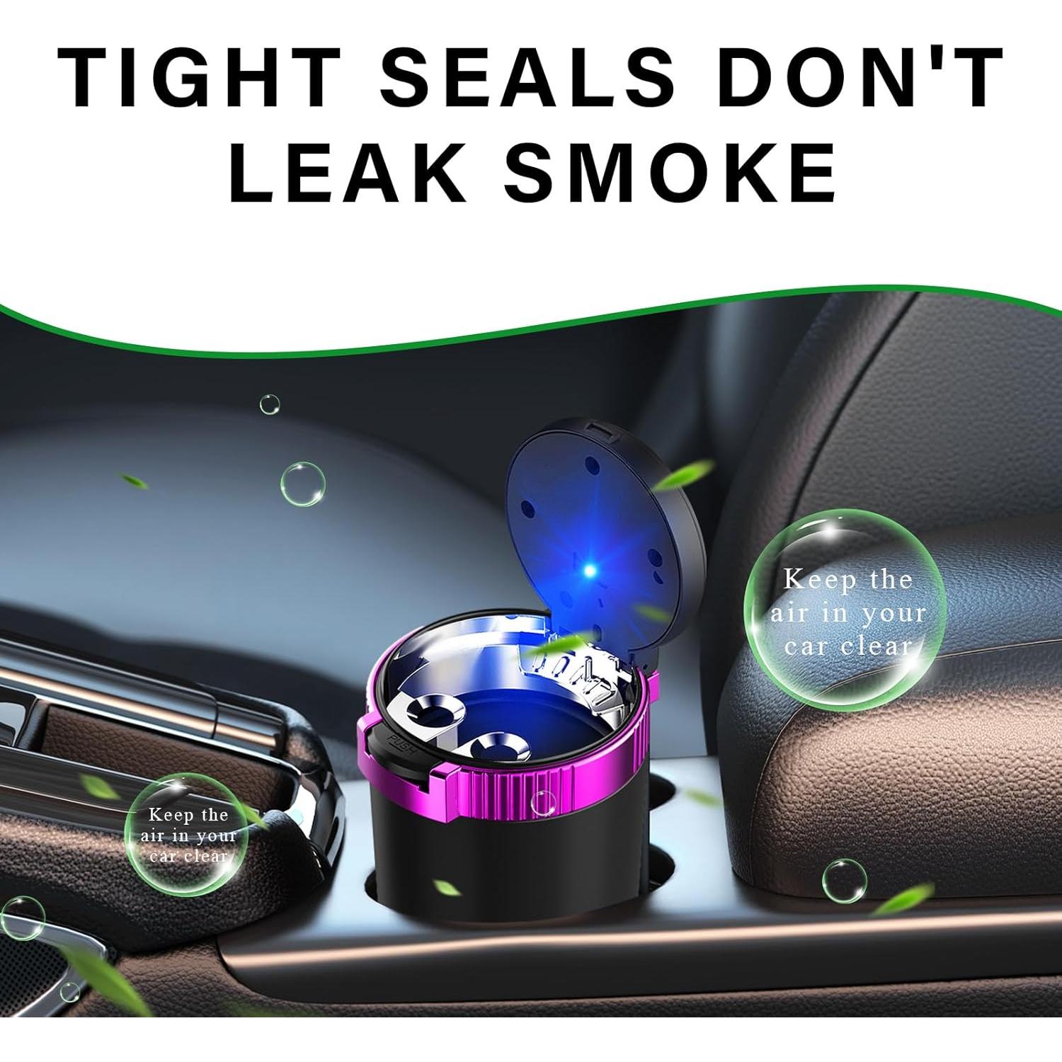 Cenicero de coche KVAEY con tapa y luz LED azul - Púrpura