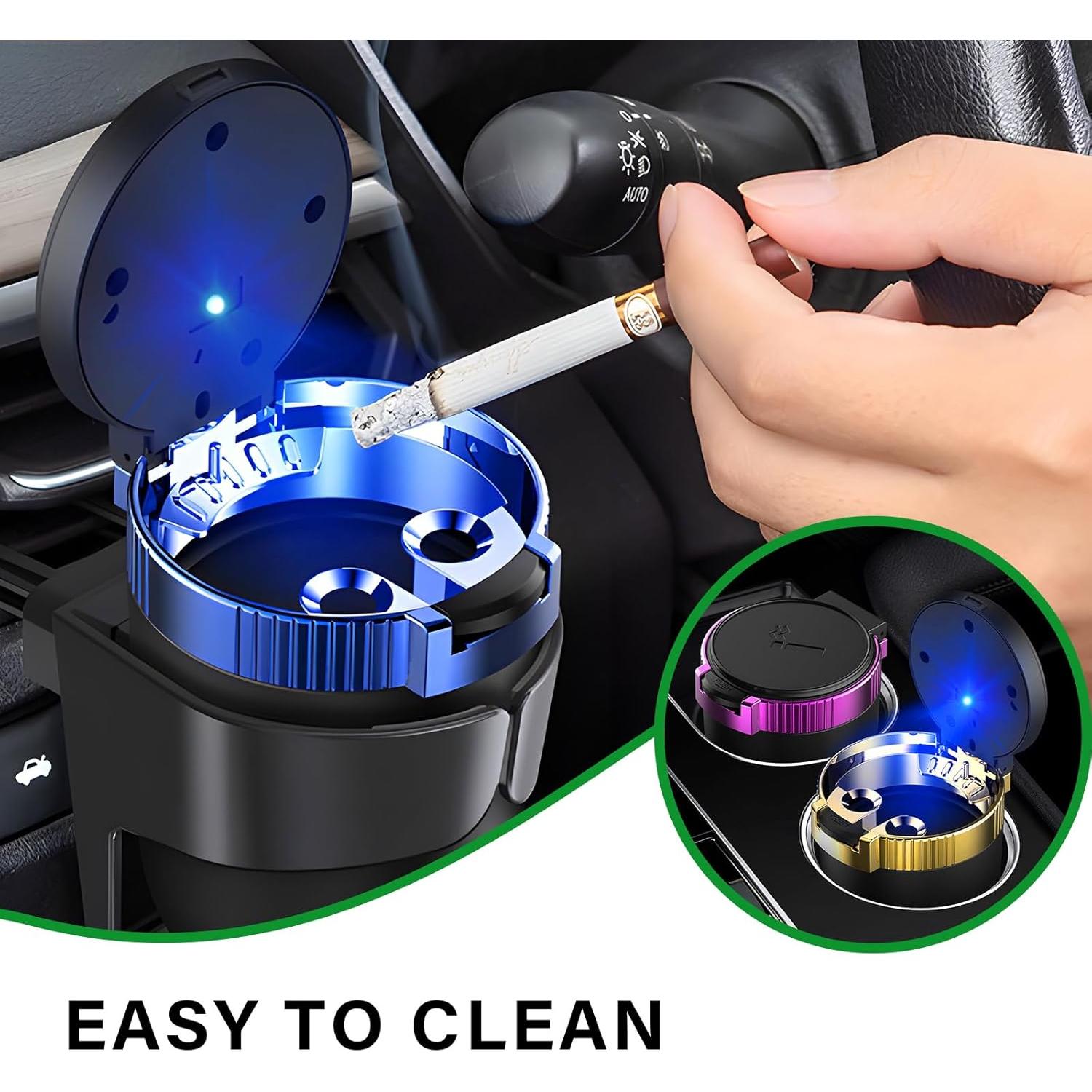 Cenicero de coche KVAEY con tapa y luz LED azul - Púrpura