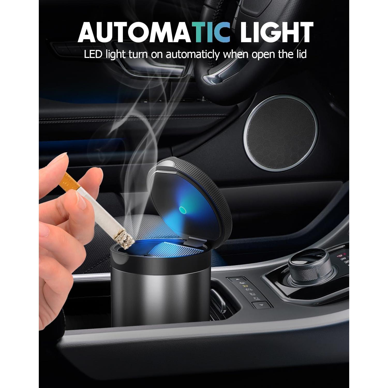 Cenicero de Coche THIKPO A6 con Tapa y Luz LED, Acero Inoxidable