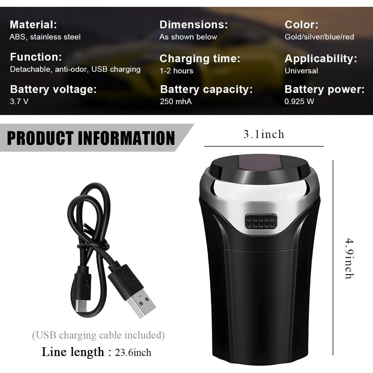 Cenicero de coche KVAEY con tapa y encendedor extraíble - Plata