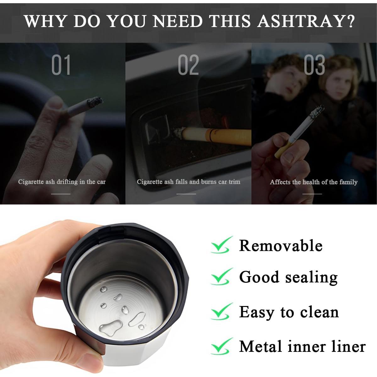 Cenicero de coche KVAEY con tapa y encendedor extraíble - Plata