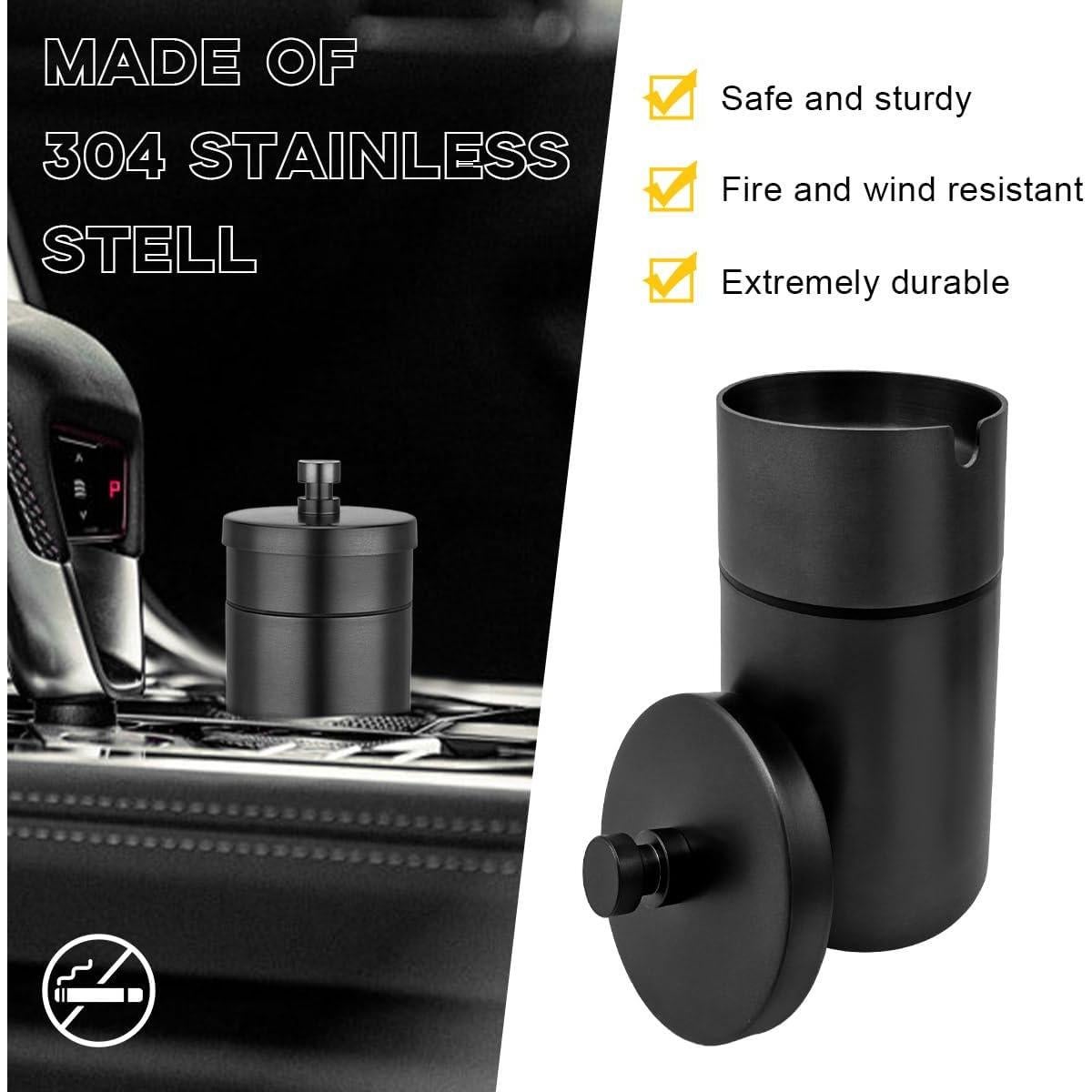 Cenicero de coche Ohleats con tapa, acero inoxidable, negro