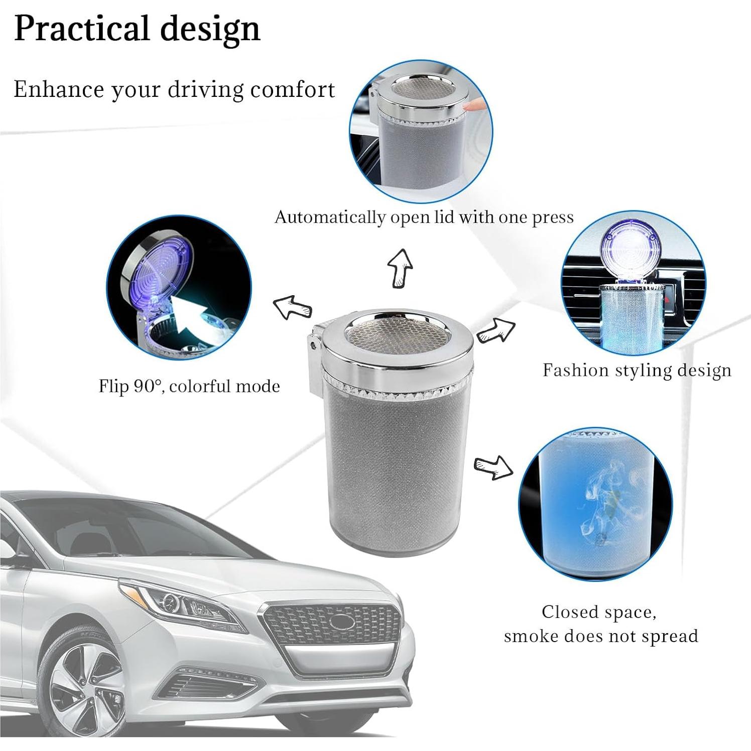 Cenicero de coche Dickno con luz LED azul y tapa abatible