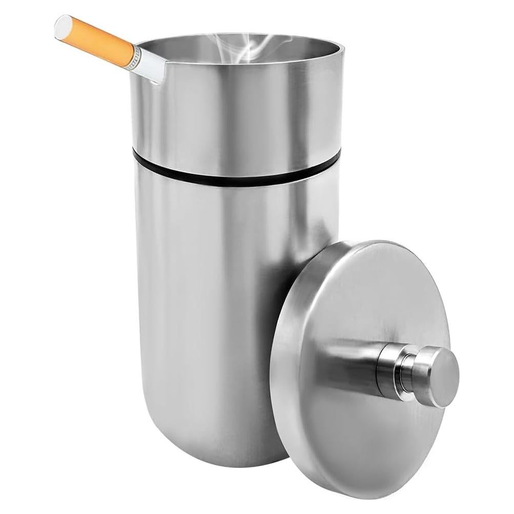 Cenicero de coche KVAEY con tapa, acero inoxidable, plata