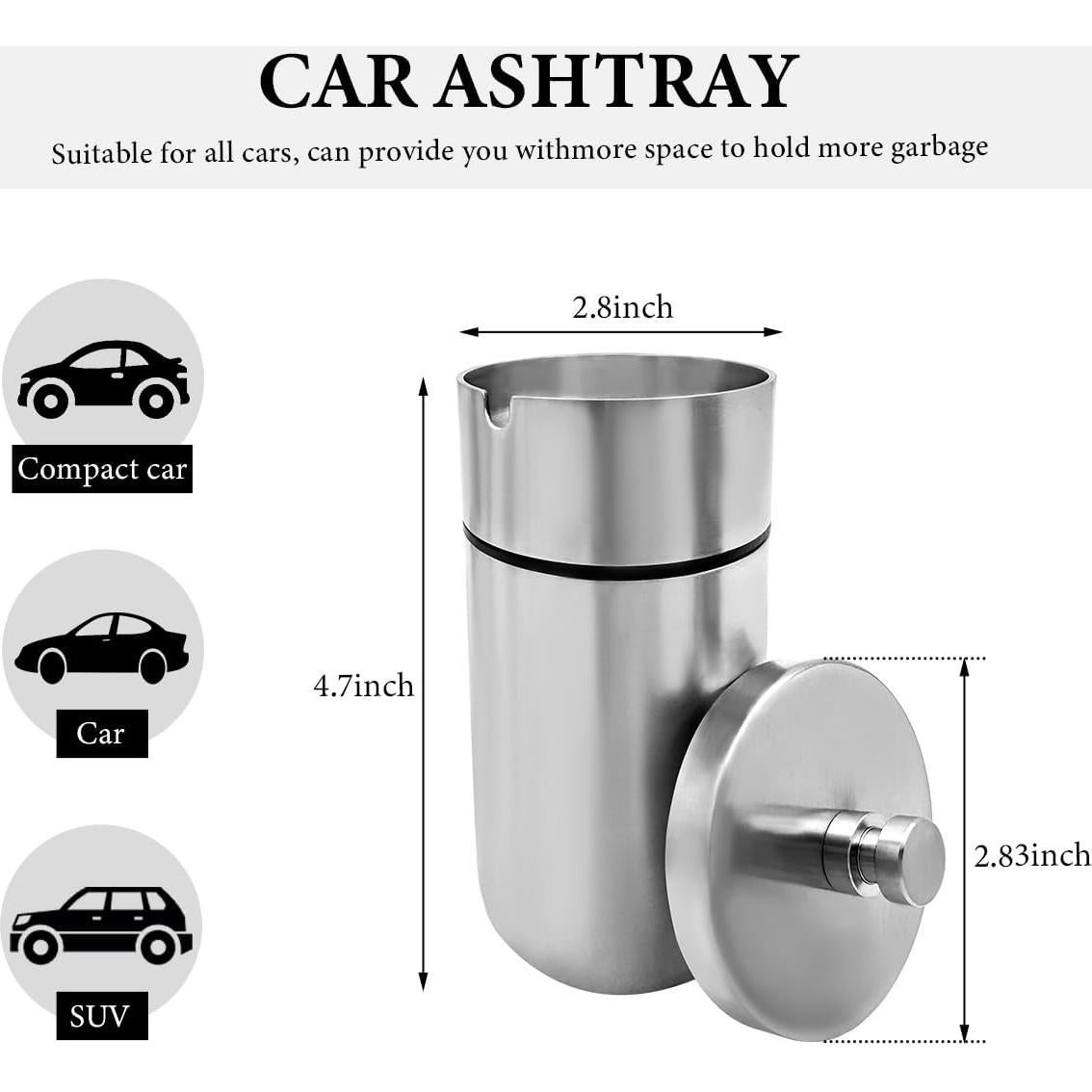 Cenicero de coche KVAEY con tapa, acero inoxidable, plata