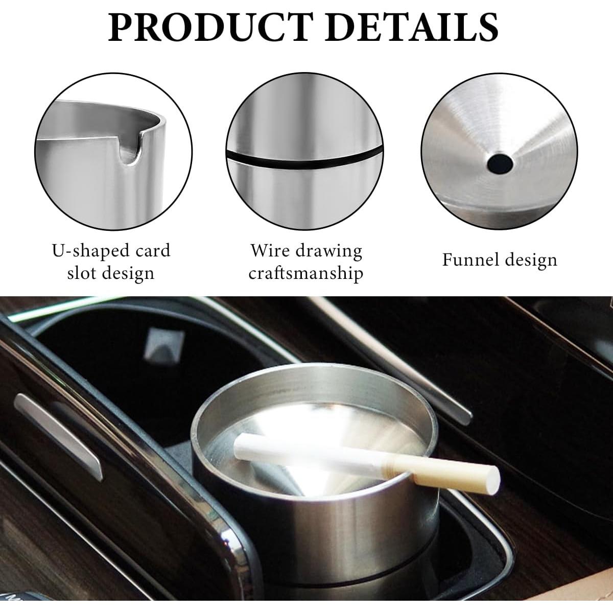 Cenicero de coche KVAEY con tapa, acero inoxidable, plata