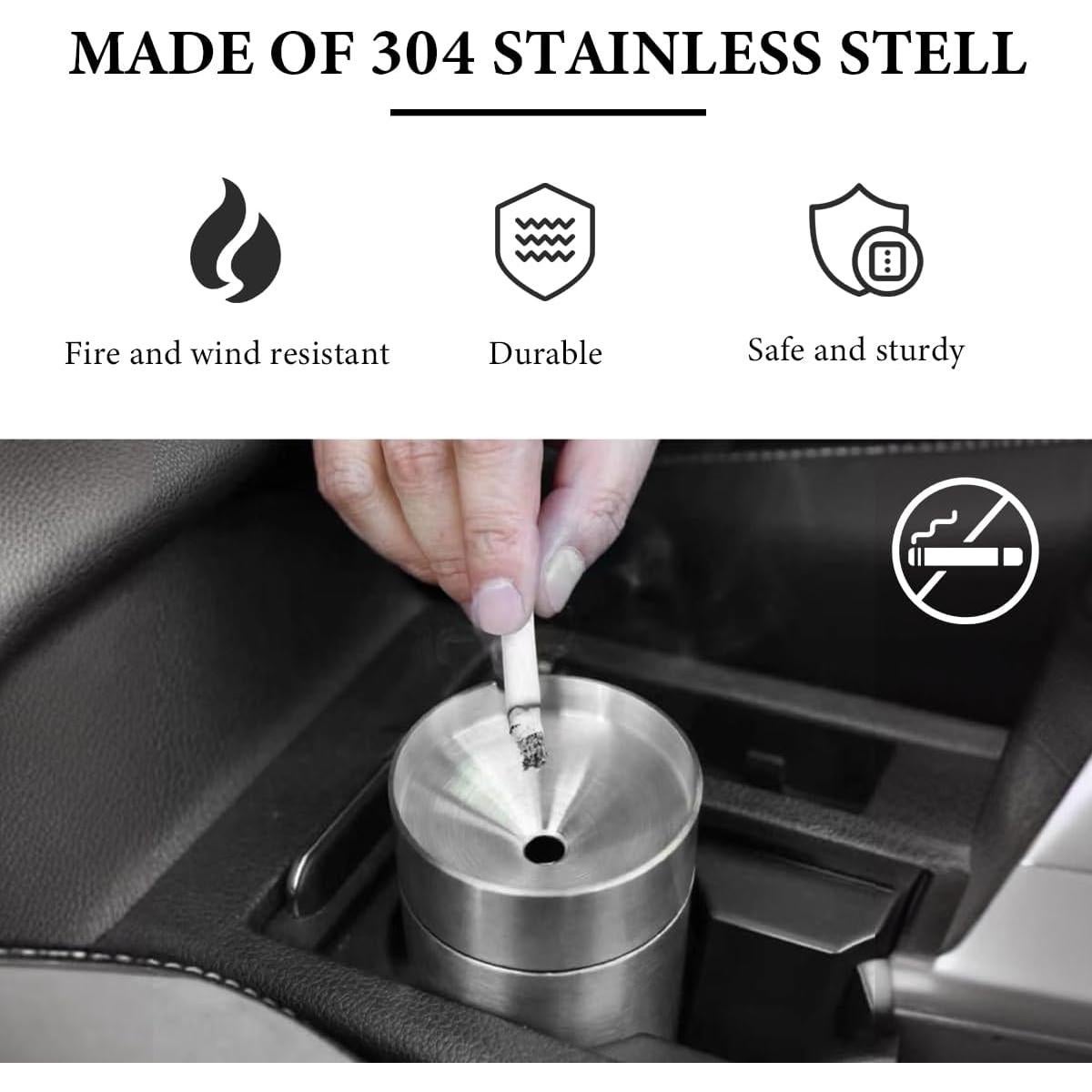 Cenicero de coche KVAEY con tapa, acero inoxidable, plata