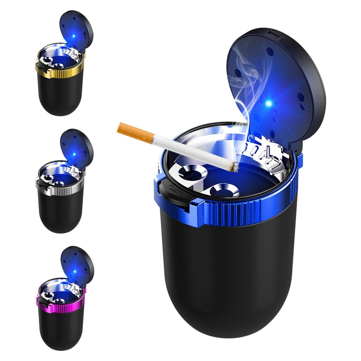 Cenicero de coche con tapa Suvnie, acero inoxidable, LED azul