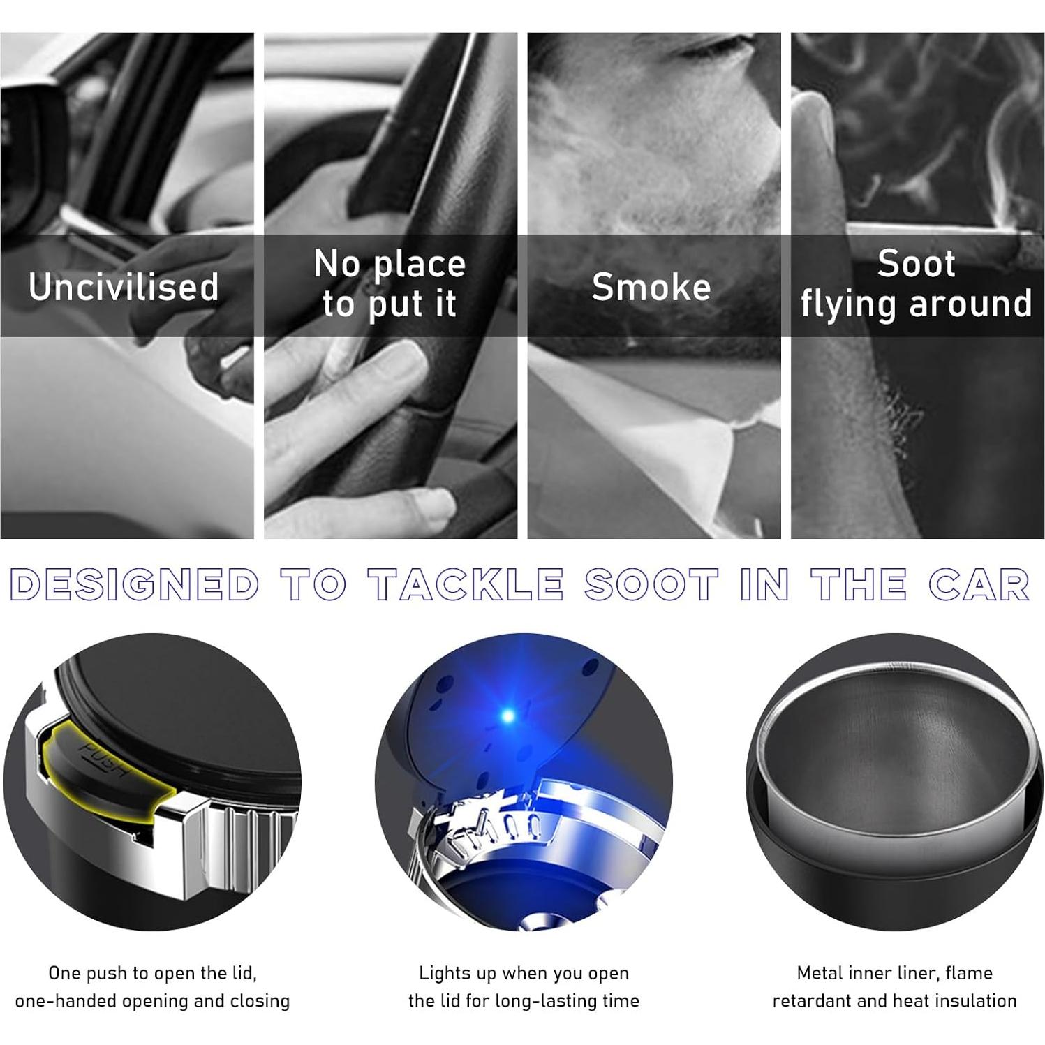 Cenicero de coche con tapa Suvnie, acero inoxidable, LED azul