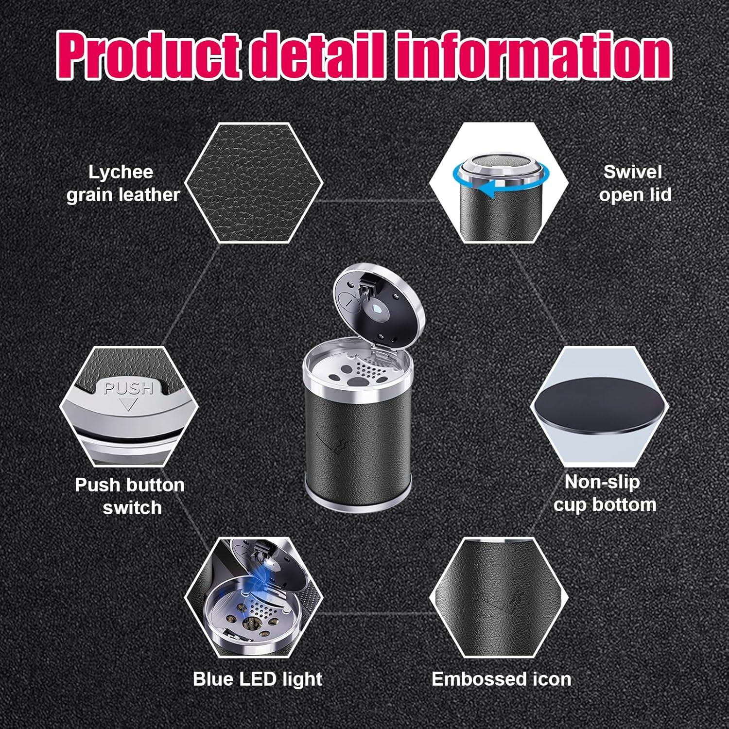 Cenicero de coche Dickno con tapa y luz LED azul, negro