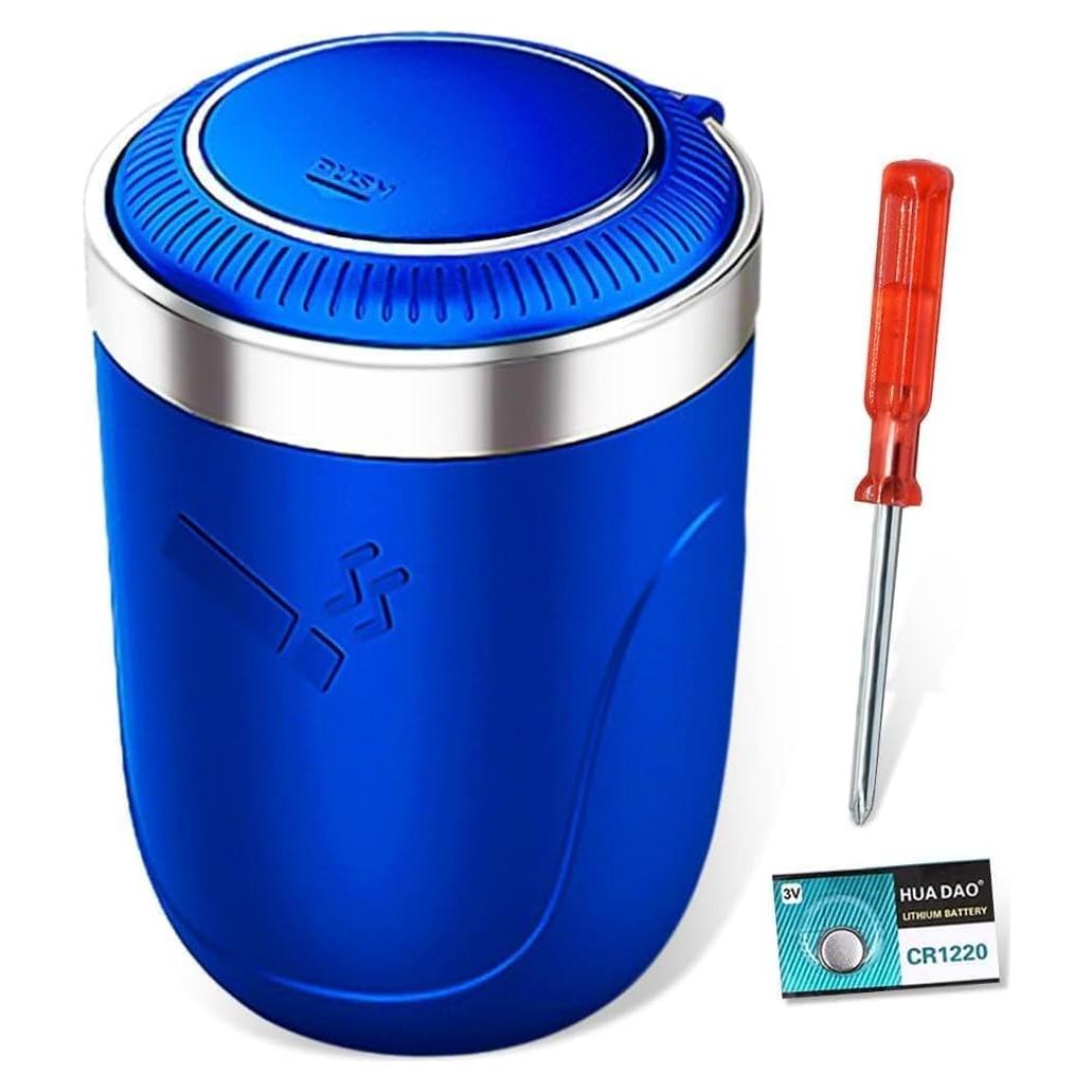 Cenicero de coche BALUME con tapa y luz LED azul, acero inoxidable
