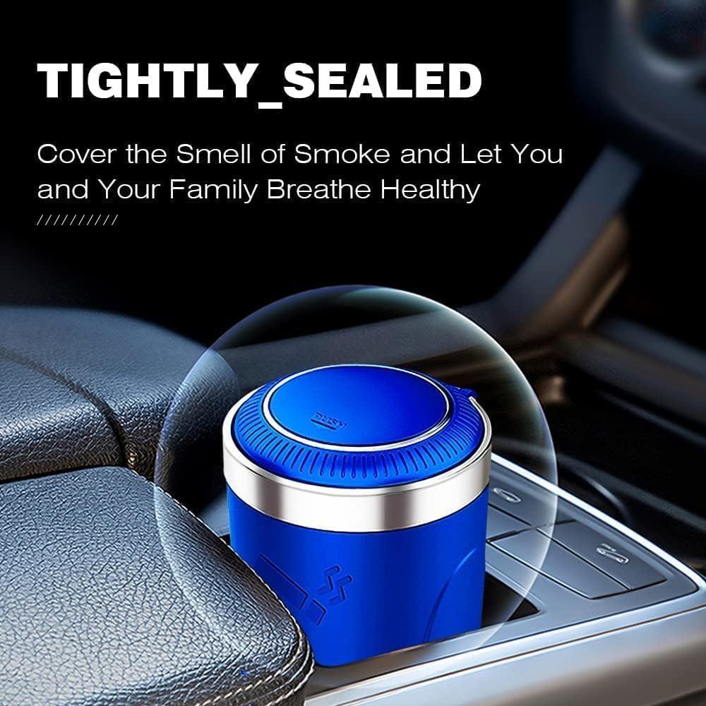 Cenicero de coche BALUME con tapa y luz LED azul, acero inoxidable
