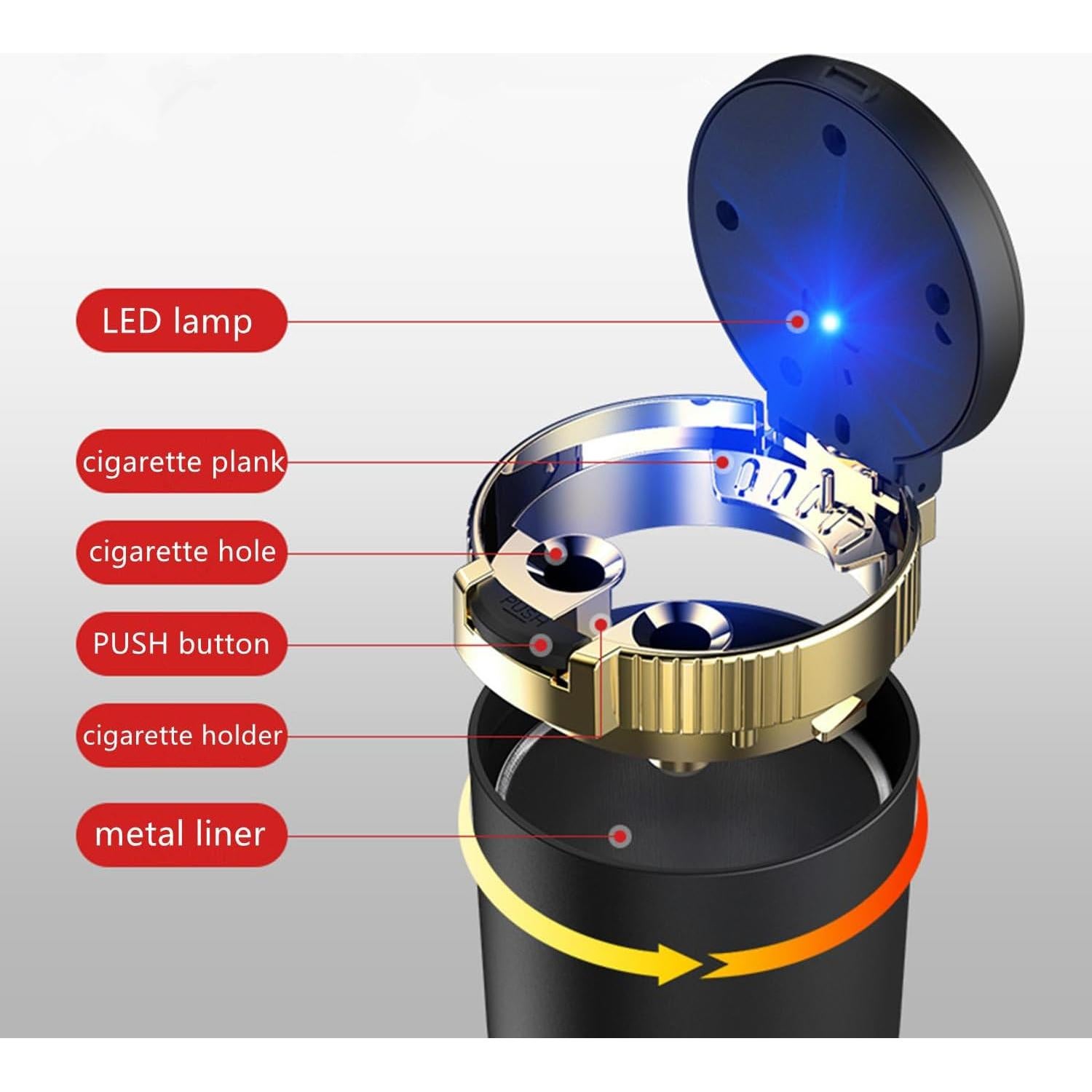 Cenicero de coche WQR con tapa y luz LED azul - Dorado