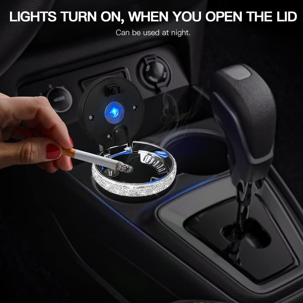 Cenicero de coche SAVORI con luz LED azul y tapa - Blanco