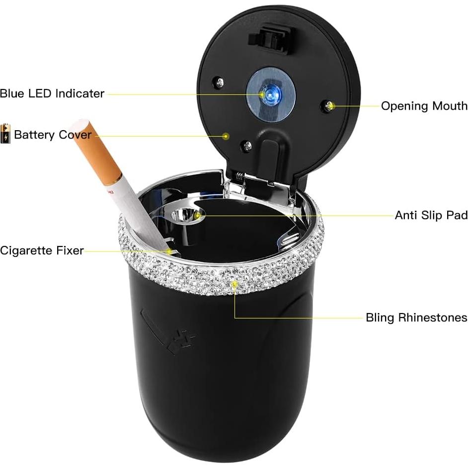 Cenicero de coche SAVORI con luz LED azul y tapa - Blanco