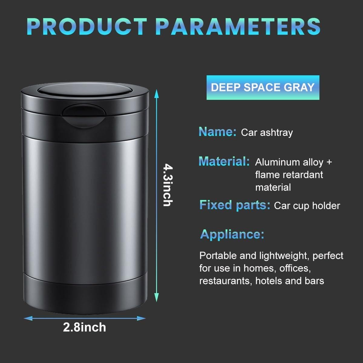 Cenicero de Auto Augeny con Tapa y Luz LED Azul - Gris